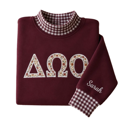 Custom Greek Sorority Gingham Applique Sweatshirt, Embroidered Letter Mock Neck Crewneck, College Outfit Gift, Team Outfit