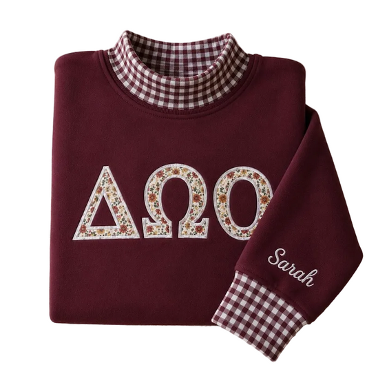 Custom Greek Sorority Gingham Applique Sweatshirt, Embroidered Letter Mock Neck Crewneck, College Outfit Gift, Team Outfit