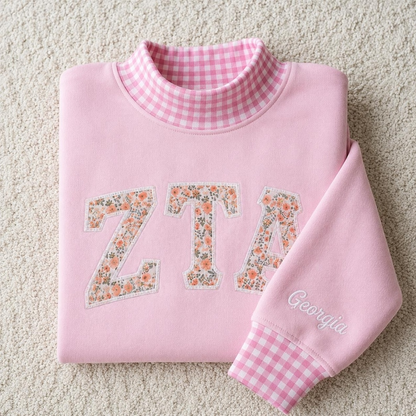Custom Greek Sorority Gingham Applique Sweatshirt, Embroidered Letter Mock Neck Crewneck, College Outfit Gift, Team Outfit
