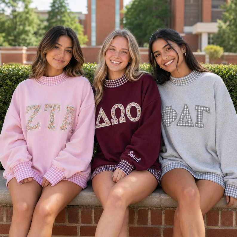 Custom Greek Sorority Gingham Applique Sweatshirt, Embroidered Letter Mock Neck Crewneck, College Outfit Gift, Team Outfit