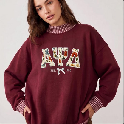 Custom Greek Sorority Gingham Sweatshirt, Applique Greek Letters, Embroidered Mock Neck Crewneck, Personalized College Shirt, Sorority Gift