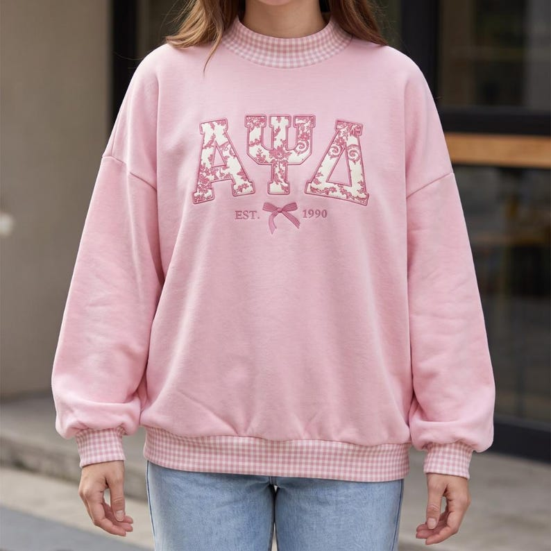 Custom Greek Sorority Gingham Sweatshirt, Applique Greek Letters, Embroidered Mock Neck Crewneck, Personalized College Shirt, Sorority Gift