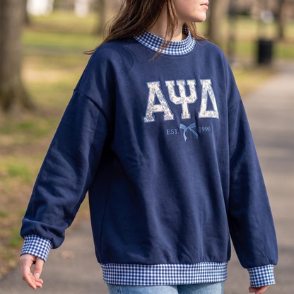 Custom Greek Sorority Gingham Sweatshirt, Applique Greek Letters, Embroidered Mock Neck Crewneck, Personalized College Shirt, Sorority Gift