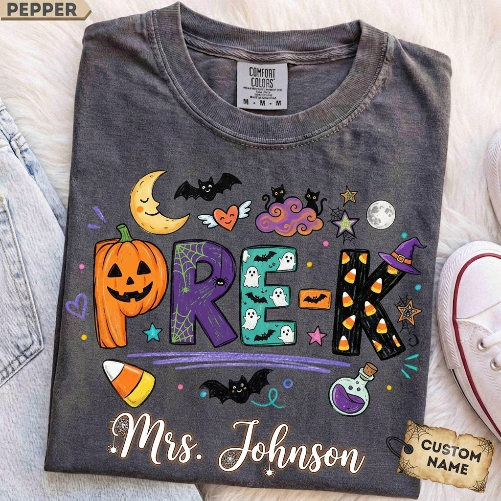 Personalized Halloween Teacher Shirt, Doodle Crayon Design, Back To School Tee
