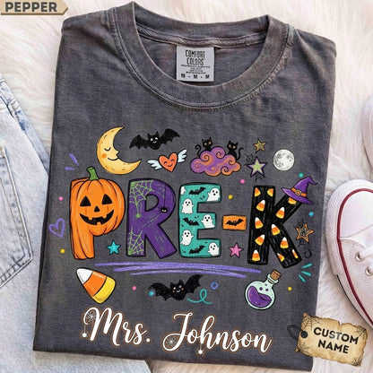 Personalized Halloween Teacher Shirt, Doodle Crayon Design, Back To School Tee