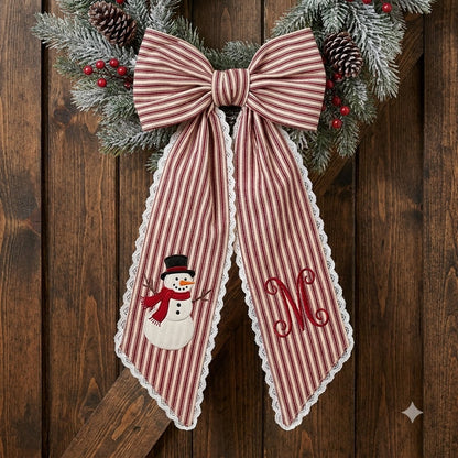 Personalized Red Stripe Christmas Wreath Bow Sash, Snowman Holiday Door Decoration