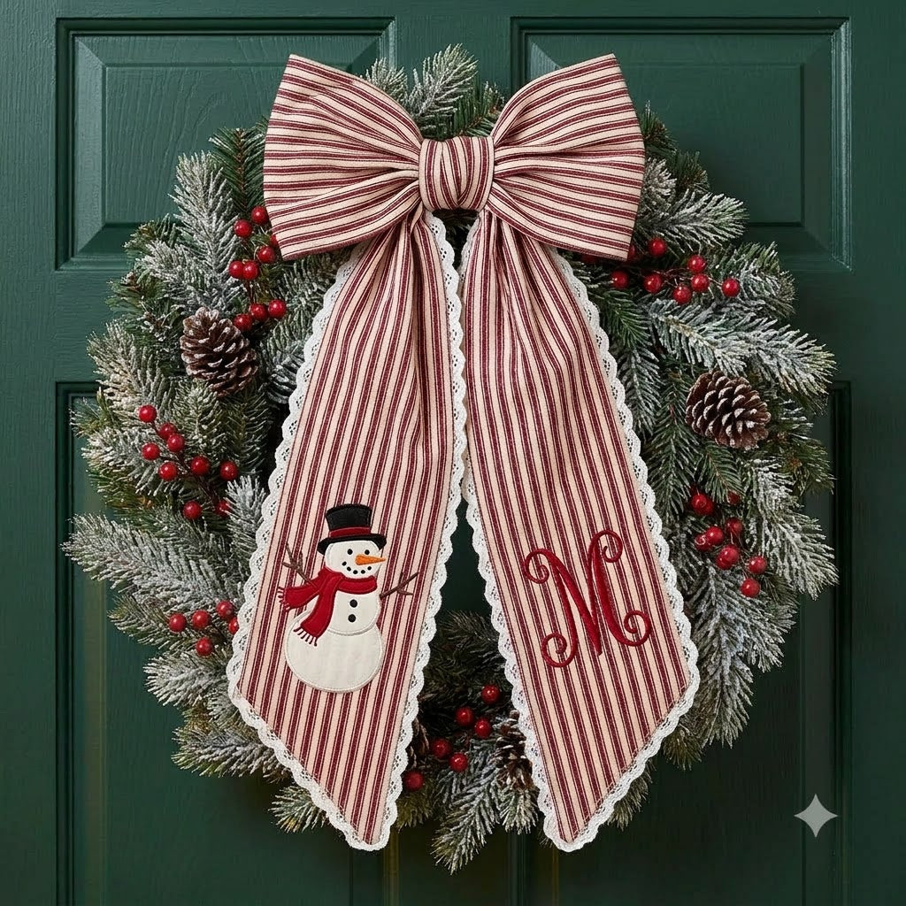 Personalized Red Stripe Christmas Wreath Bow Sash, Snowman Holiday Door Decoration