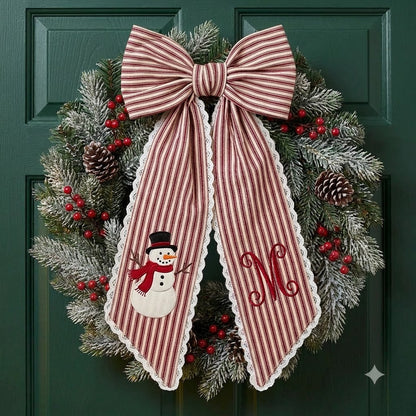 Personalized Red Stripe Christmas Wreath Bow Sash, Snowman Holiday Door Decoration