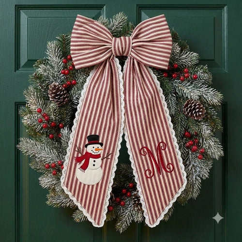 Personalized Red Stripe Christmas Wreath Bow Sash, Snowman Holiday Door Decoration
