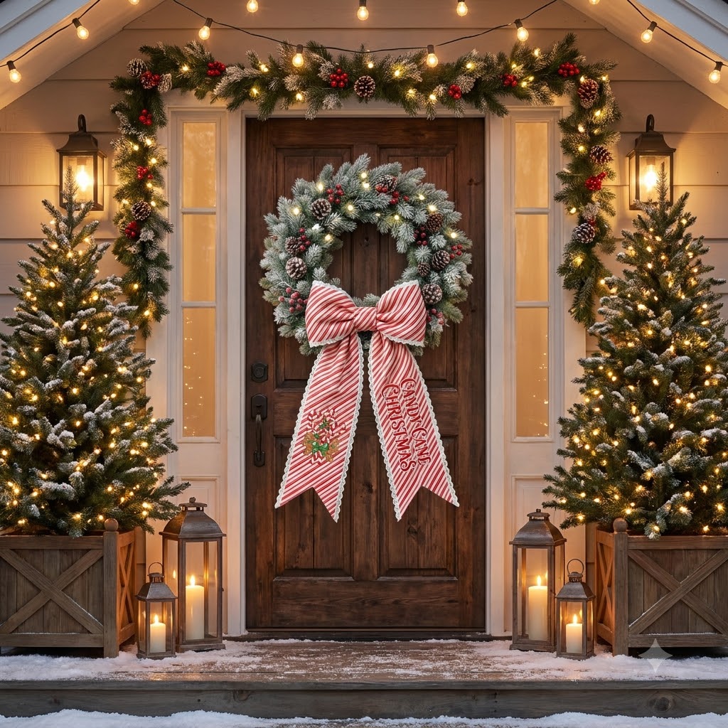 Personalized Red Stripe Christmas Wreath Bow Sash, Snowman Holiday Door Decoration