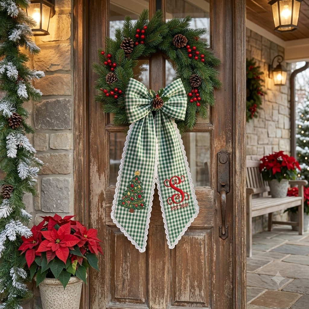 Personalized Green Gingham Christmas Wreath Bow Sash, Christmas Tree Door Decoration