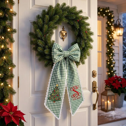 Personalized Green Gingham Christmas Wreath Bow Sash, Christmas Tree Door Decoration