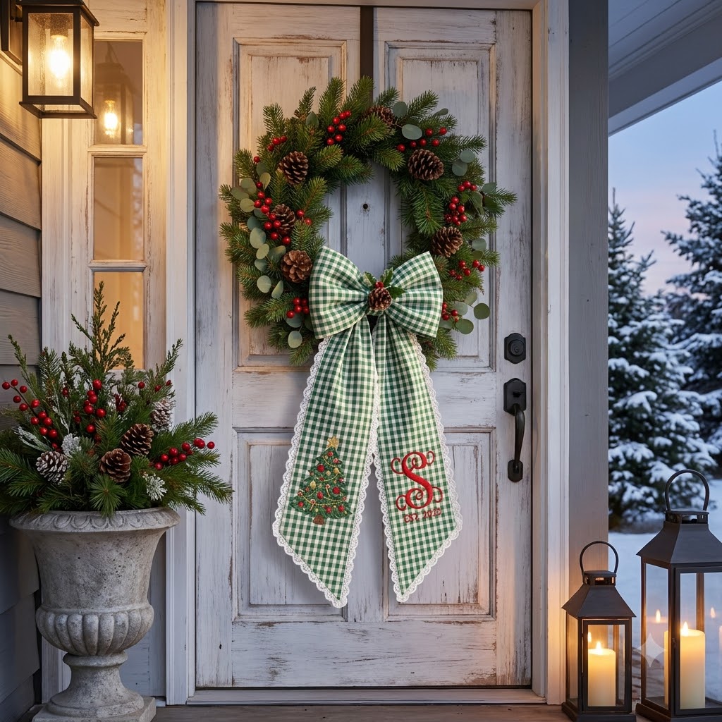 Personalized Green Gingham Christmas Wreath Bow Sash, Christmas Tree Door Decoration
