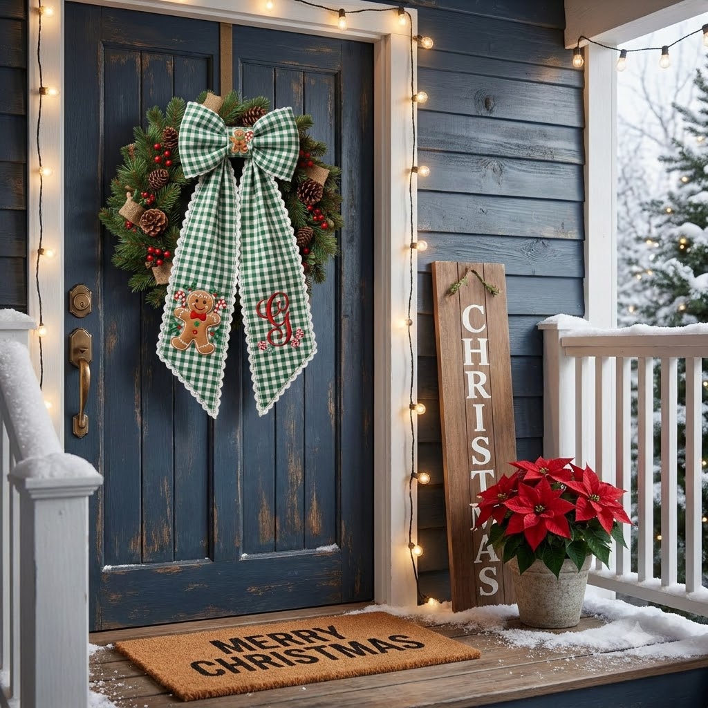 Personalized Green Gingham Christmas Wreath Bow Sash, Christmas Tree Door Decoration