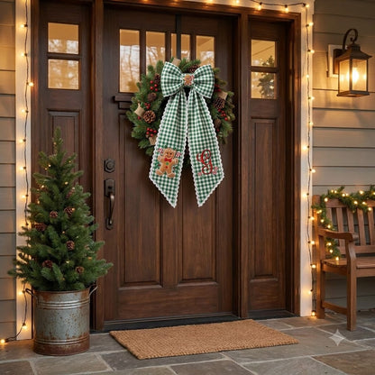 Personalized Green Gingham Christmas Wreath Bow Sash, Christmas Tree Door Decoration