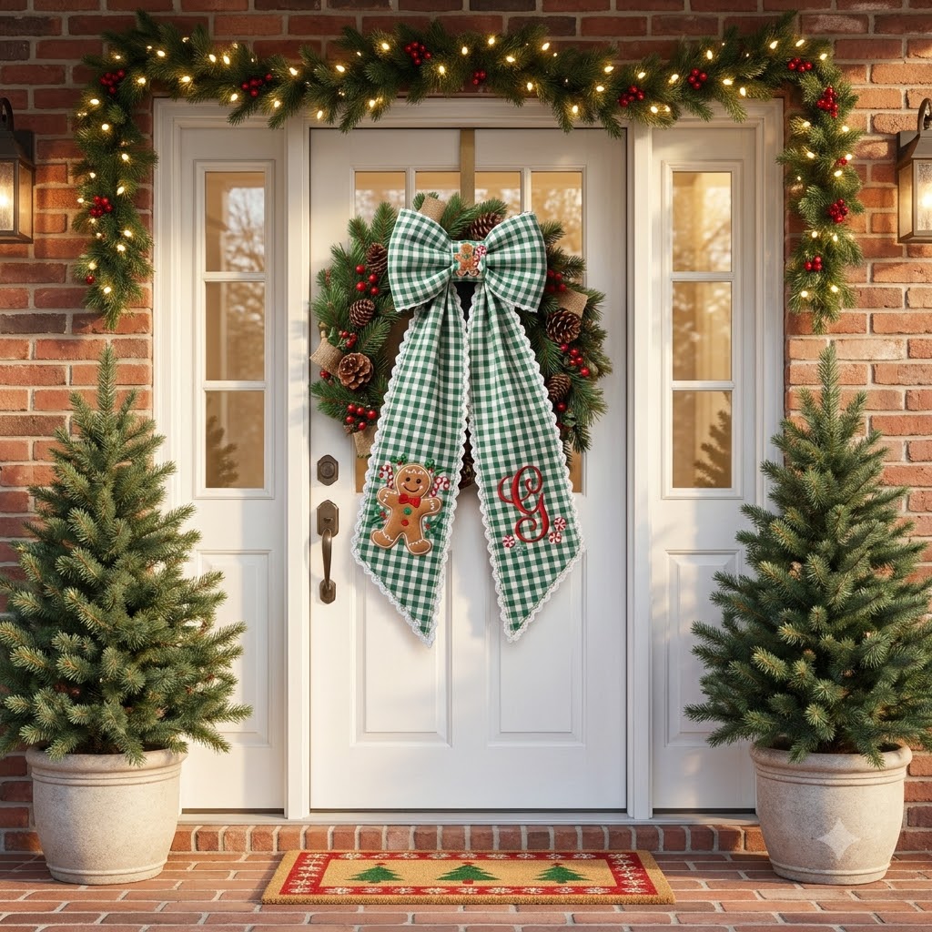 Personalized Green Gingham Christmas Wreath Bow Sash, Christmas Tree Door Decoration