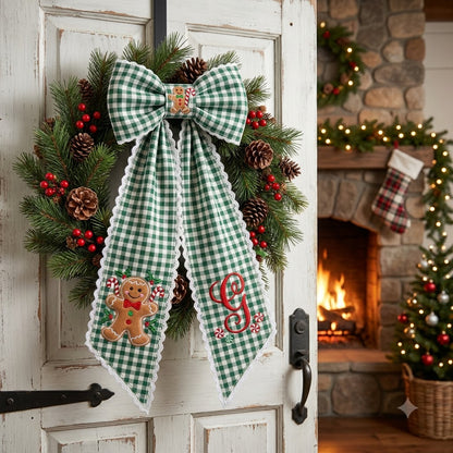 Personalized Green Gingham Christmas Wreath Bow Sash, Christmas Tree Door Decoration