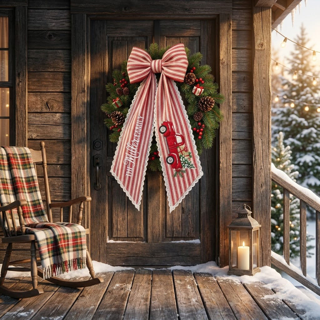 Personalized Red Stripe Christmas Wreath Bow Sash, Snowman Holiday Door Decoration