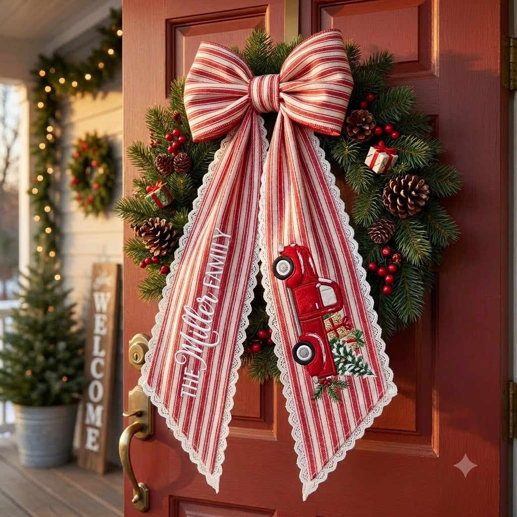 Personalized Red Stripe Christmas Wreath Bow Sash, Snowman Holiday Door Decoration