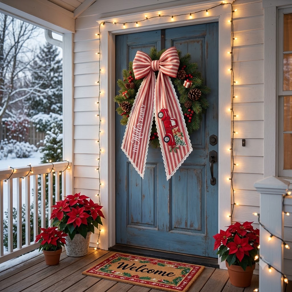 Personalized Red Stripe Christmas Wreath Bow Sash, Snowman Holiday Door Decoration