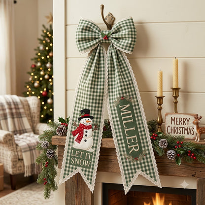 Personalized Christmas Green Gingham Wreath Sash with Lace