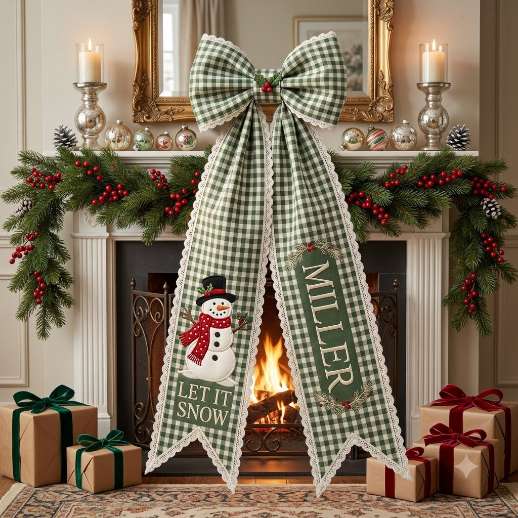 Personalized Christmas Green Gingham Wreath Sash with Lace