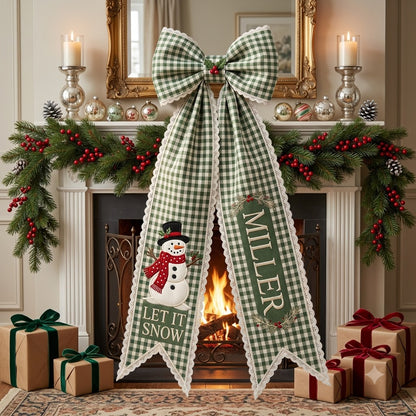 Personalized Christmas Green Gingham Wreath Sash with Lace