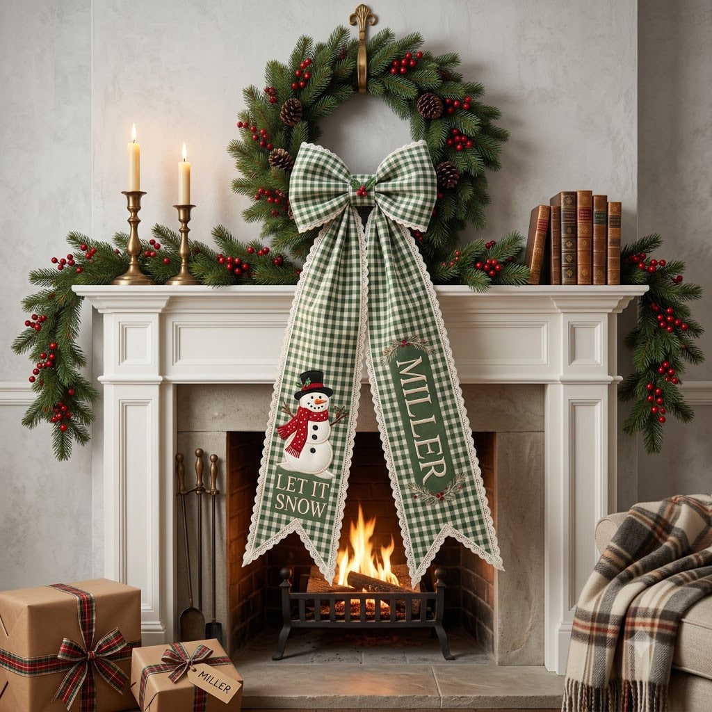 Personalized Christmas Green Gingham Wreath Sash with Lace