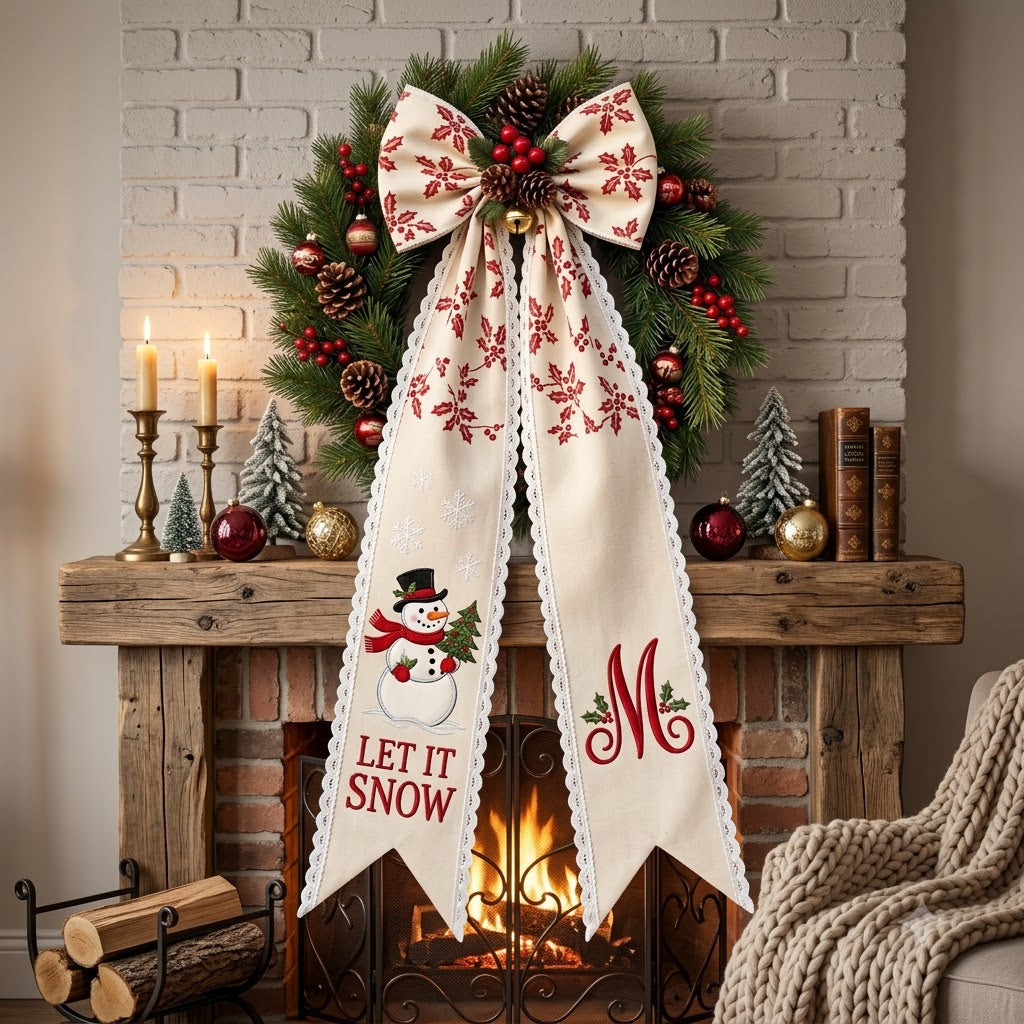Personalized Christmas Snowman Wreath Sash with Lace