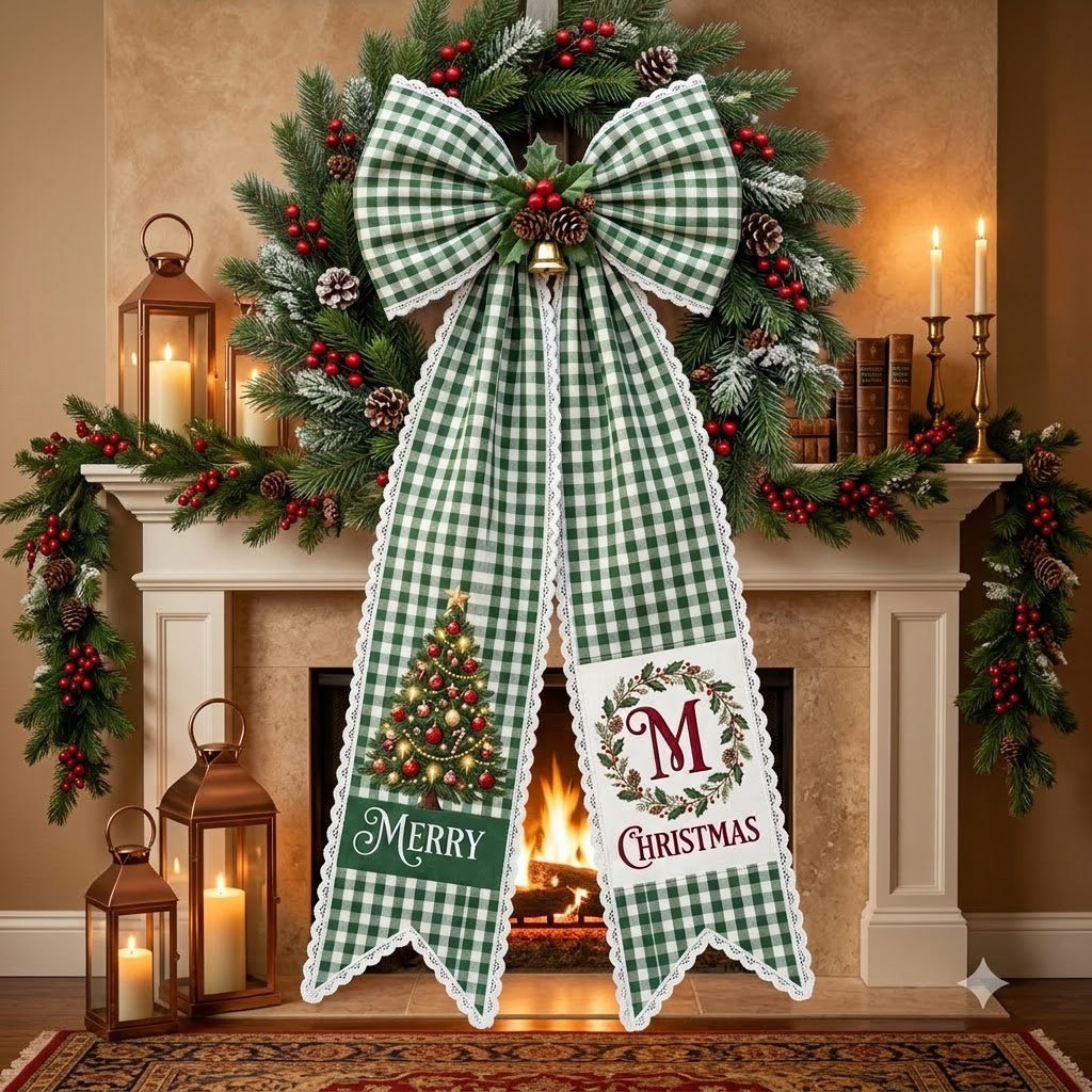 Personalized Christmas Green Gingham Wreath Sash with Lace