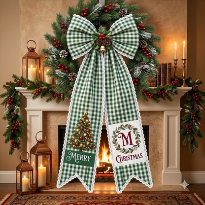 Personalized Christmas Green Gingham Wreath Sash with Lace