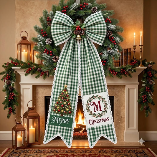 Personalized Christmas Green Gingham Wreath Sash with Lace