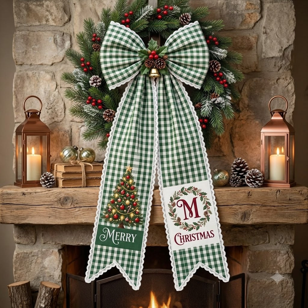 Personalized Christmas Green Gingham Wreath Sash with Lace