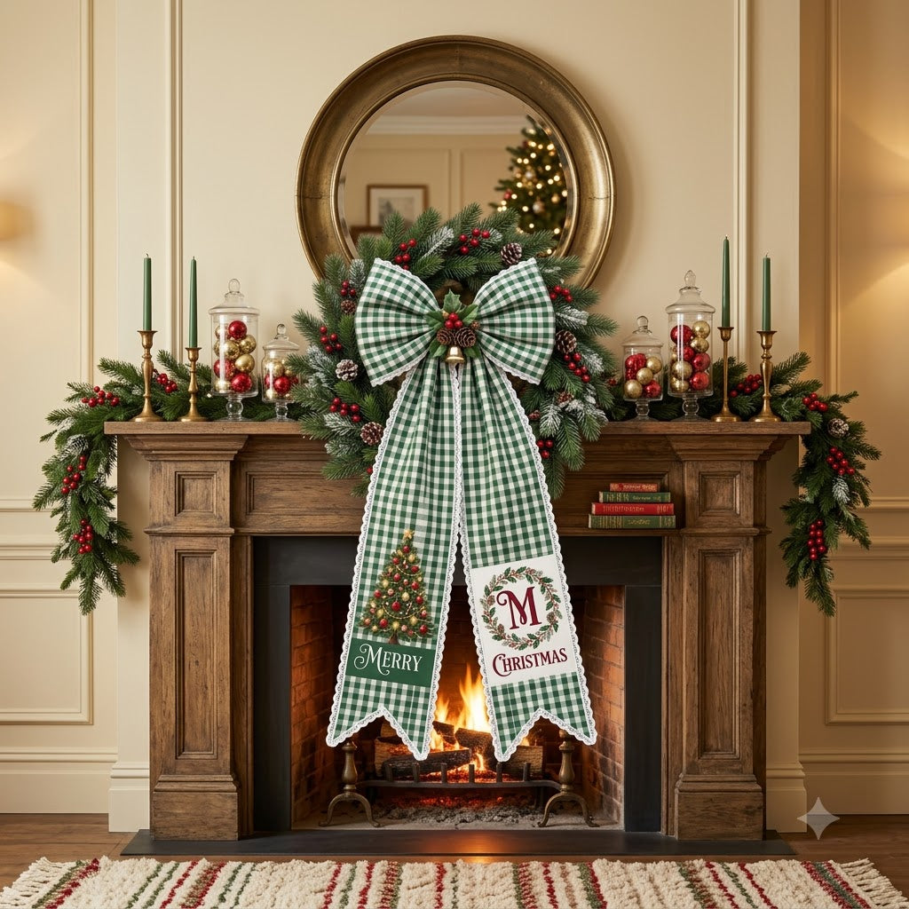 Personalized Christmas Green Gingham Wreath Sash with Lace