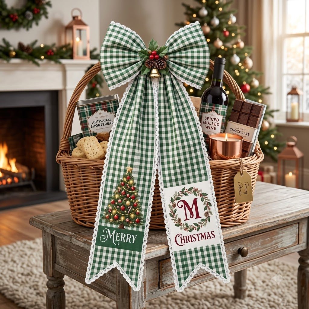 Personalized Christmas Green Gingham Wreath Sash with Lace