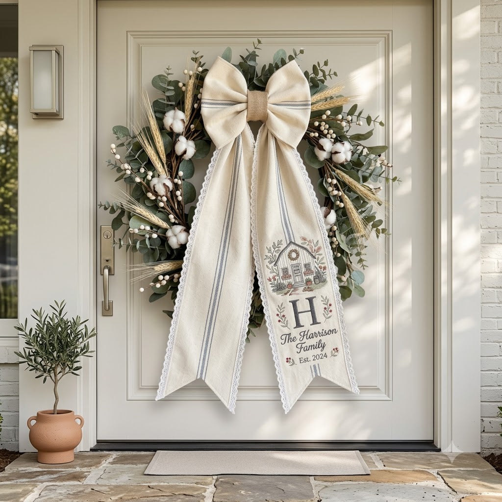 Personalized Christmas Wreath Sash, Rustic Plaid Bow Door Decor