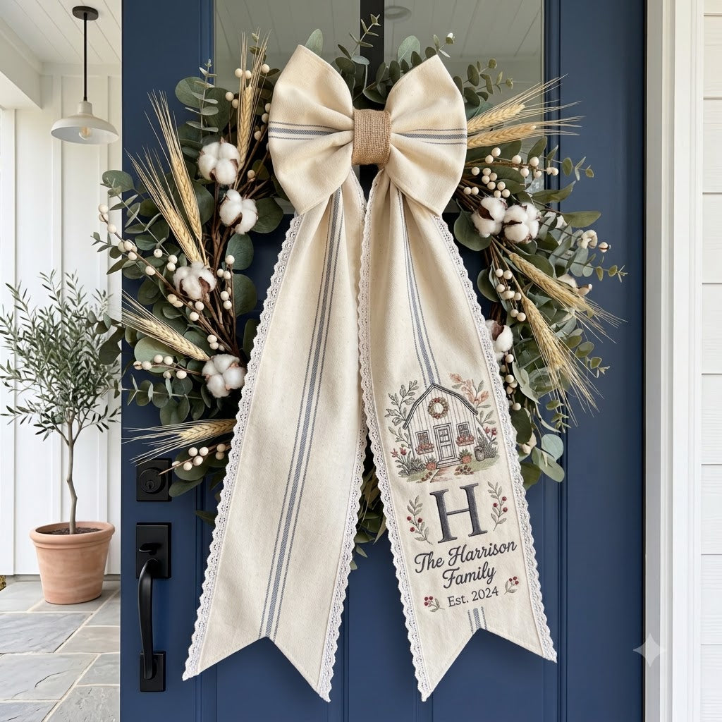 Personalized Christmas Wreath Sash, Rustic Plaid Bow Door Decor