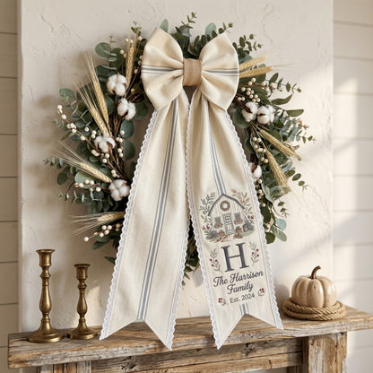 Personalized Christmas Wreath Sash, Rustic Plaid Bow Door Decor