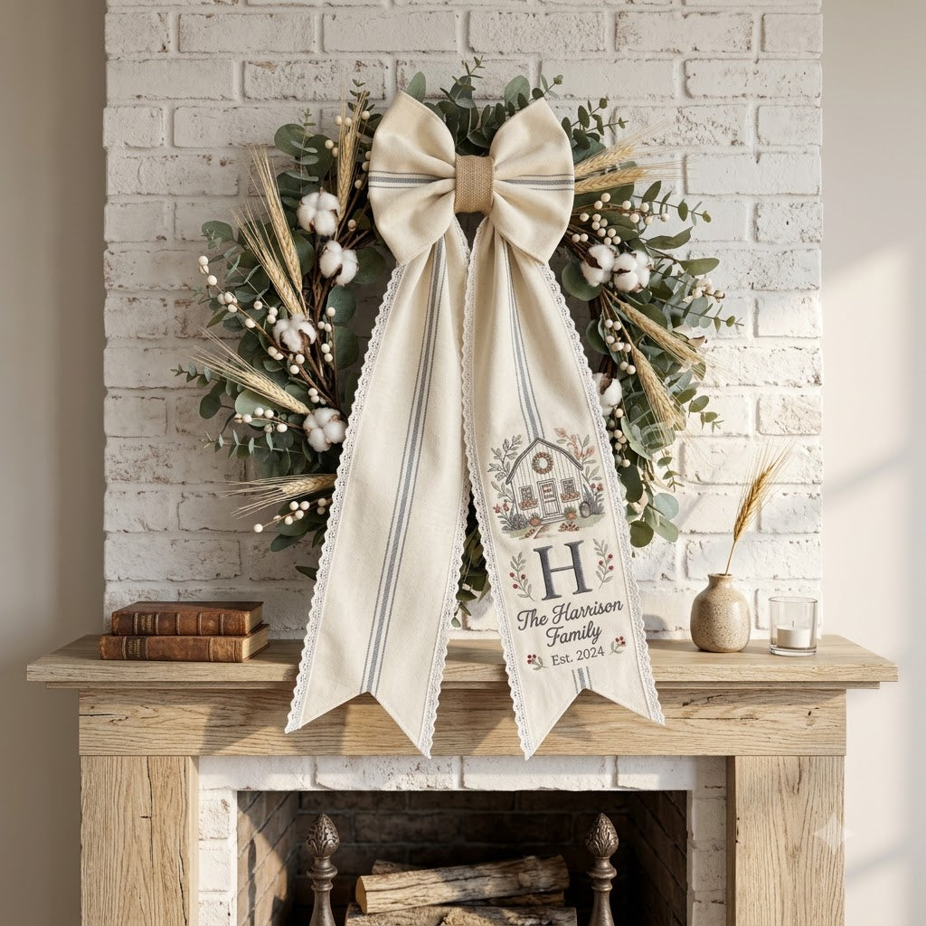Personalized Christmas Wreath Sash, Rustic Plaid Bow Door Decor