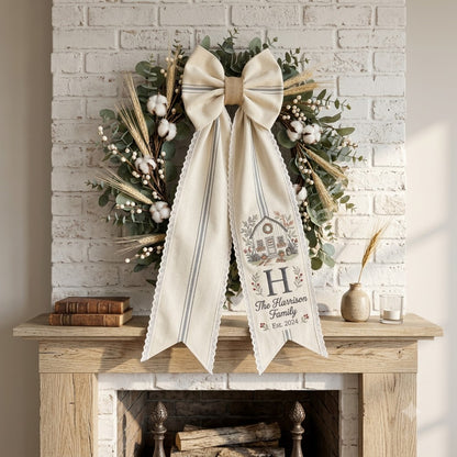 Personalized Christmas Wreath Sash, Rustic Plaid Bow Door Decor