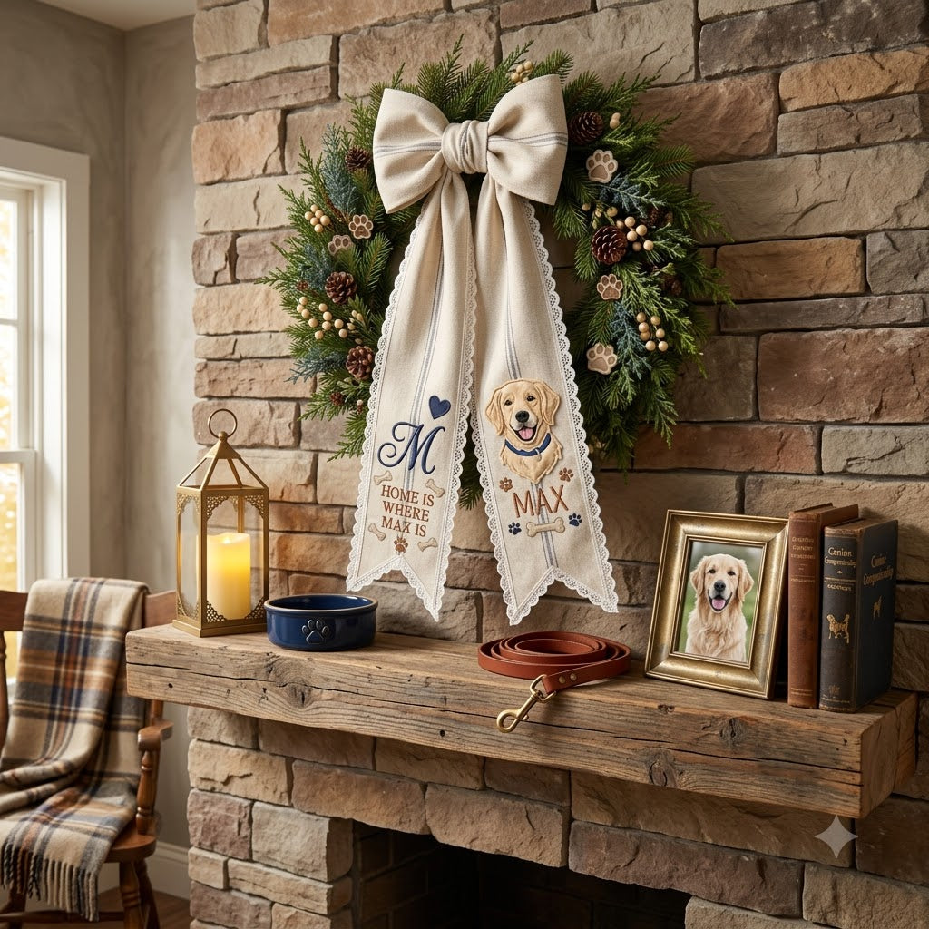 Personalized Christmas Wreath Sash, Green Plaid Bow & Christmas Dog Door Decor
