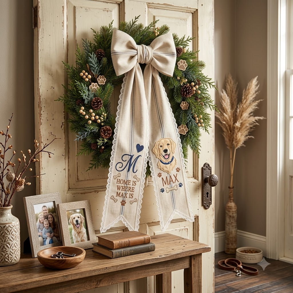 Personalized Christmas Wreath Sash, Green Plaid Bow & Christmas Dog Door Decor