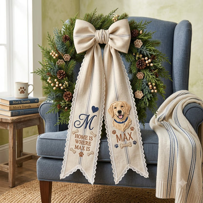 Personalized Christmas Wreath Sash, Green Plaid Bow & Christmas Dog Door Decor