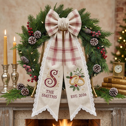 Personalized Christmas Wreath Sash, Rustic Plaid Bow Door Decor