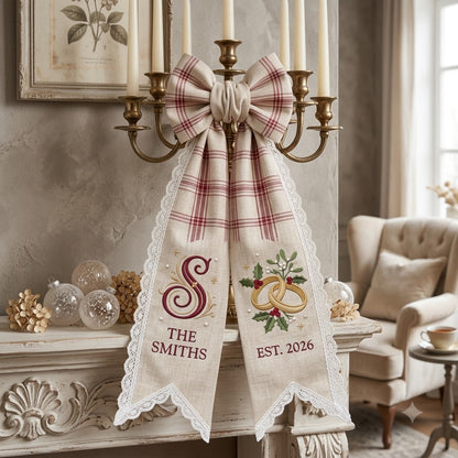 Personalized Christmas Wreath Sash, Rustic Plaid Bow Door Decor