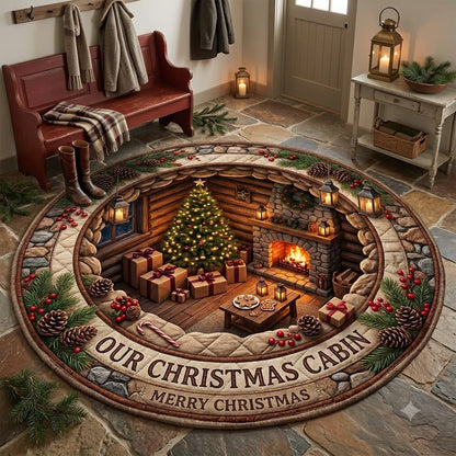 3D Christmas Cabin Floor Rug, Cozy Holiday Lodge, Fireplace & Christmas Tree Rug