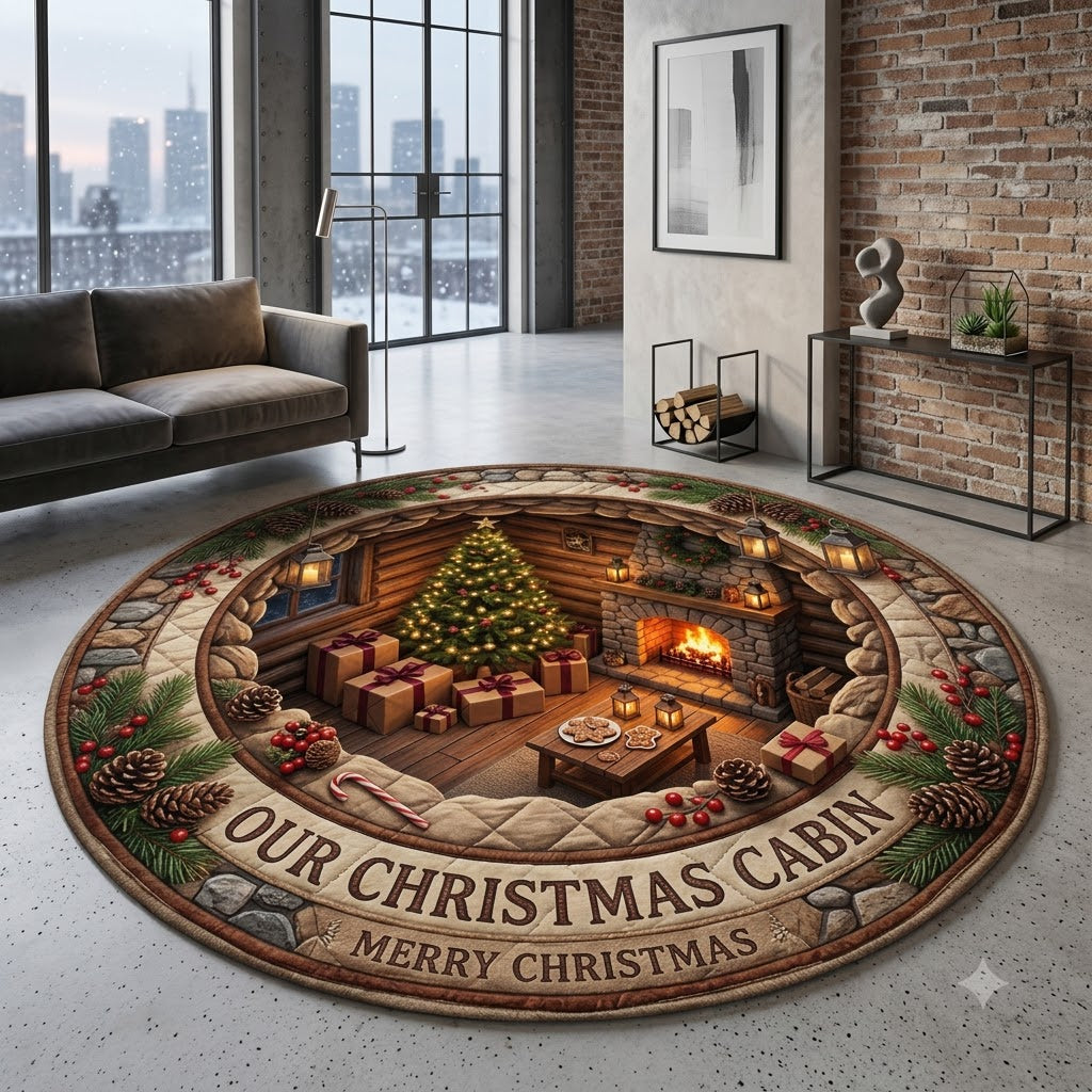 3D Christmas Cabin Floor Rug, Cozy Holiday Lodge, Fireplace & Christmas Tree Rug