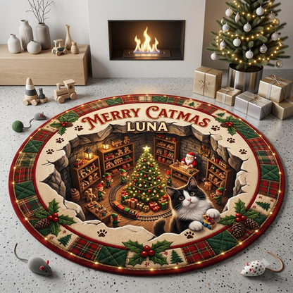 Personalized Christmas Cat Floor Rug, 3D Holiday Gift & Christmas Tree Rug