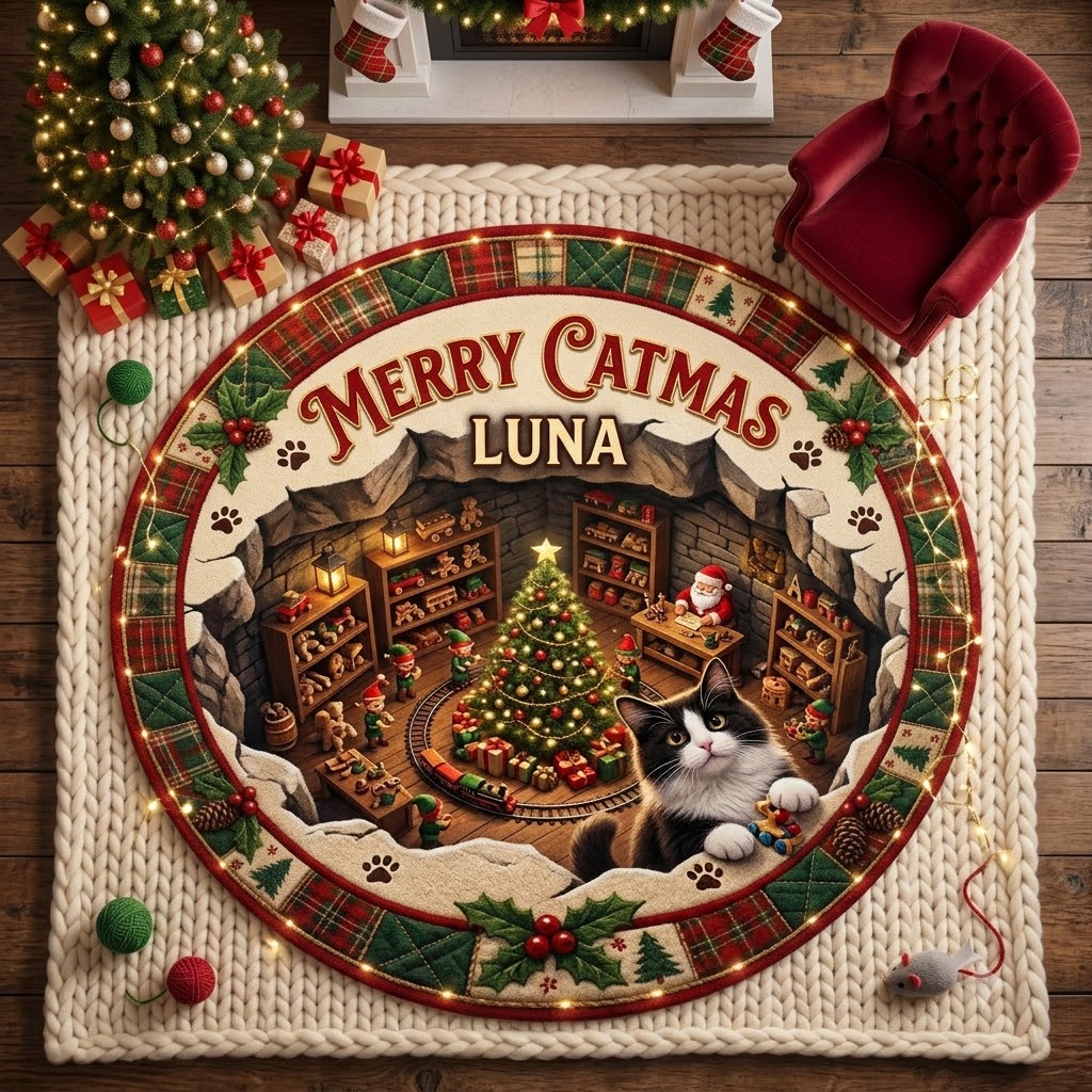 Personalized Christmas Cat Floor Rug, 3D Holiday Gift & Christmas Tree Rug
