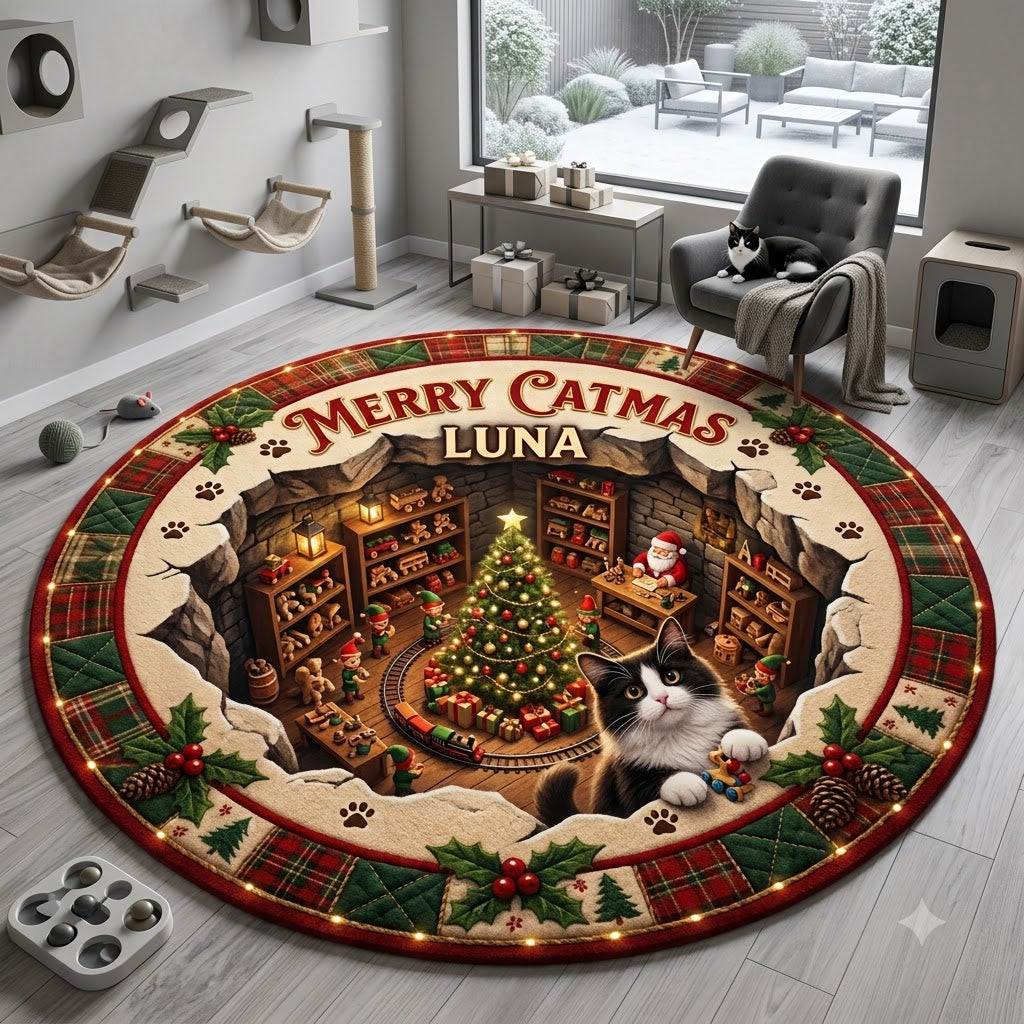 Personalized Christmas Cat Floor Rug, 3D Holiday Gift & Christmas Tree Rug